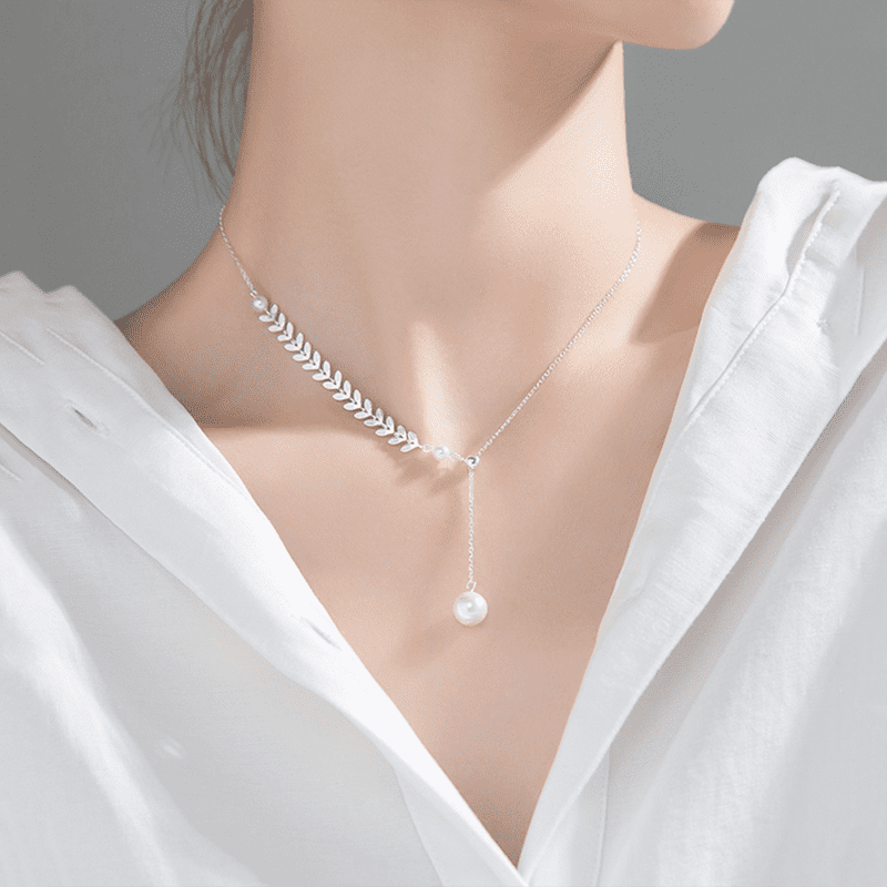 925 Sterling Silver Elegant Romantic Leaf Pearl Bead Pendant Chain , Necklace for Women, Clavicle Luxury Wedding Jewelry New # NP - Image 4