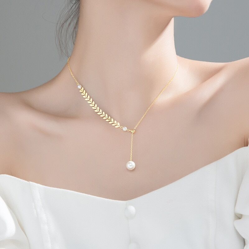 925 Sterling Silver Elegant Romantic Leaf Pearl Bead Pendant Chain , Necklace for Women, Clavicle Luxury Wedding Jewelry New # NP