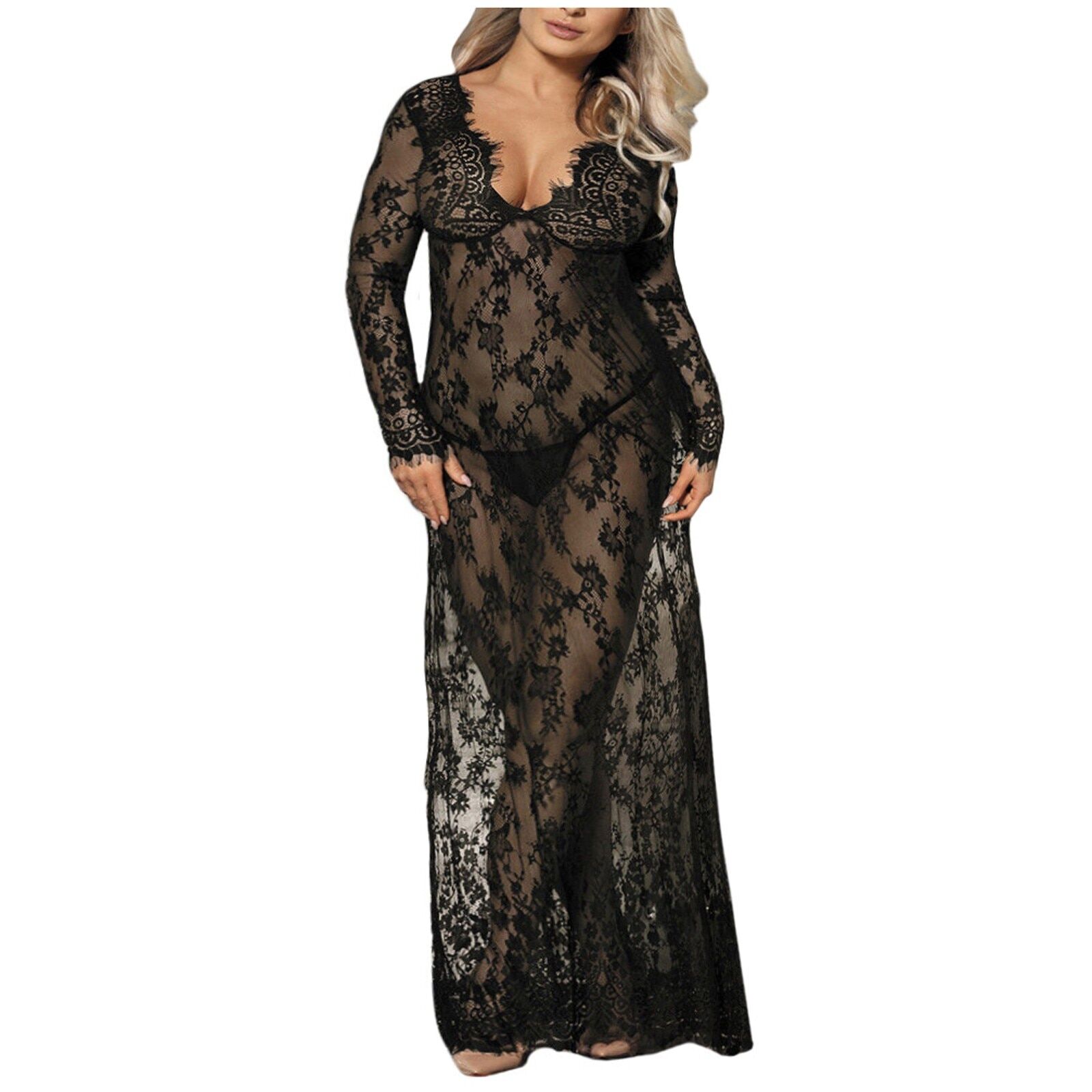 Plus Size Women's Nightie , See Through Lace, Sexy Night Dress, V neck Mesh Nightgown, Sexy Sleepwear , Long Gowns 4XL # NP - Image 2