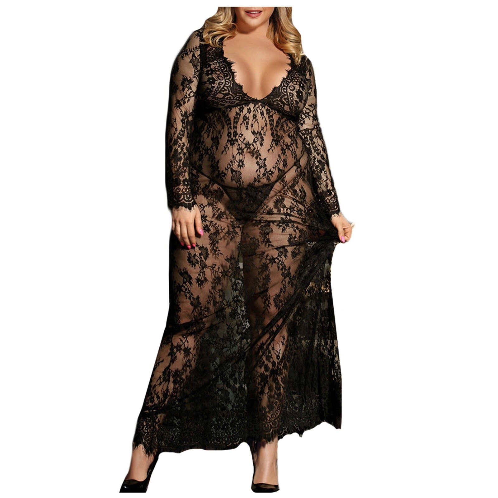 Plus Size Women's Nightie , See Through Lace, Sexy Night Dress, V neck Mesh Nightgown, Sexy Sleepwear , Long Gowns 4XL # NP