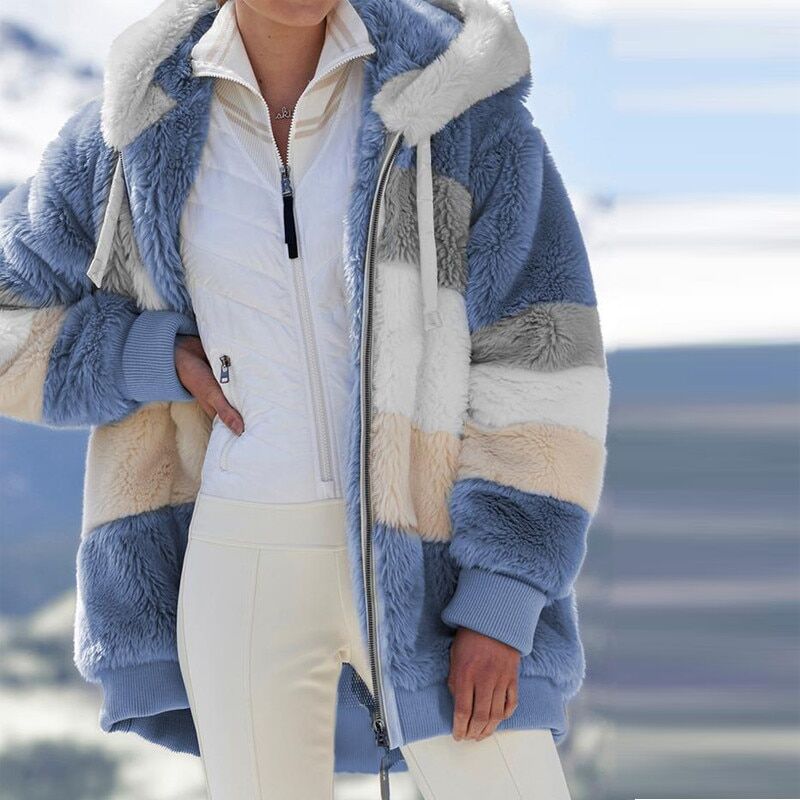 Autumn , Winter , Women Jacket , Plush Casual Long Sleeve , Loose Patchwork Hooded, Coat Ladies Plus Size , Warm Zipper Pockets Outwear # NP - Image 2