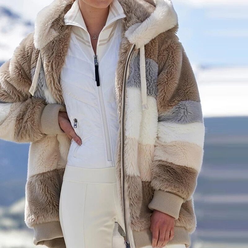 Autumn , Winter , Women Jacket , Plush Casual Long Sleeve , Loose Patchwork Hooded, Coat Ladies Plus Size , Warm Zipper Pockets Outwear # NP - Image 3