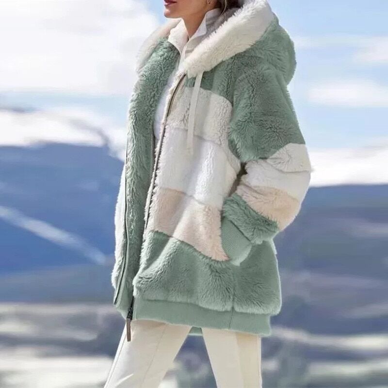 Autumn , Winter , Women Jacket , Plush Casual Long Sleeve , Loose Patchwork Hooded, Coat Ladies Plus Size , Warm Zipper Pockets Outwear # NP - Image 6