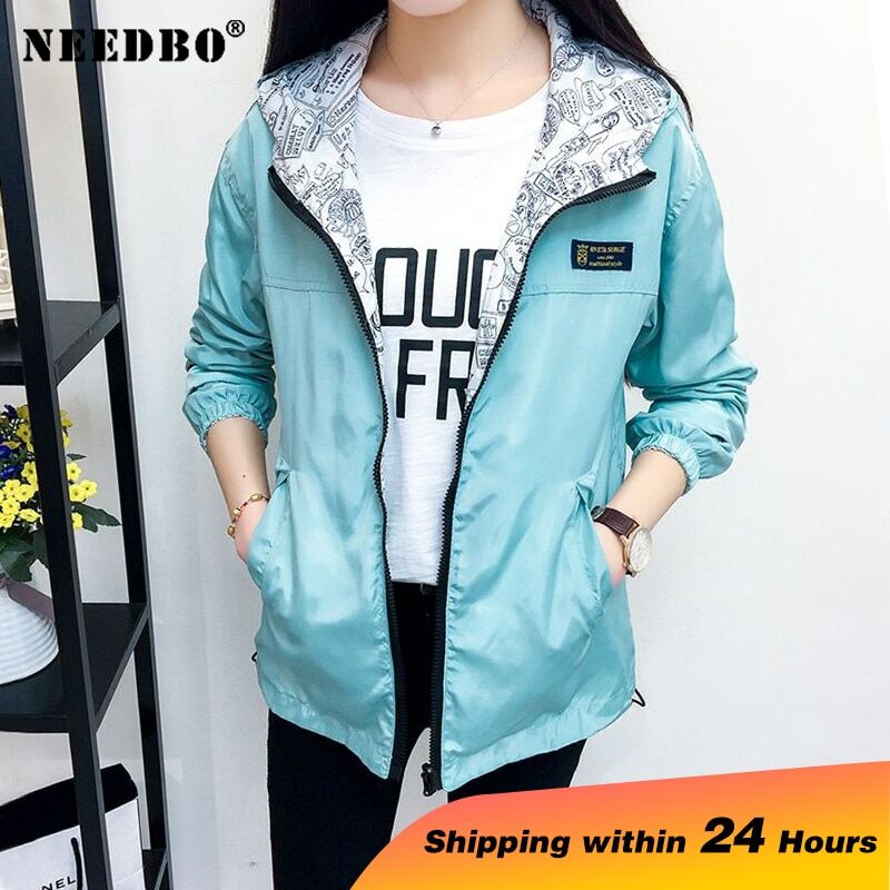 Women's Jacket , Pocket Zipper Hooded ,Two Side Wear , Outwear Coat, Loose Plus Size, Windbreaker Jackets Female # NP