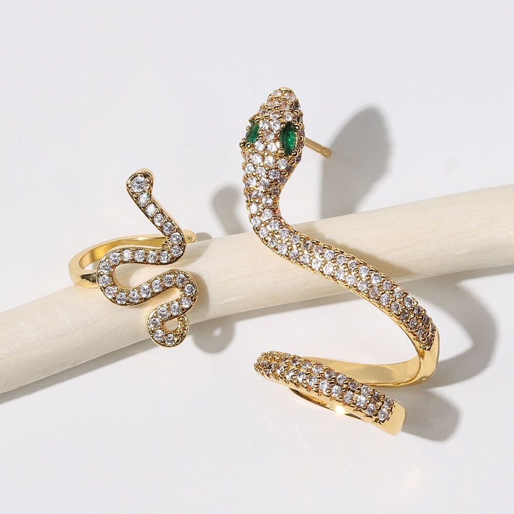 New 2022 , 2pcs set , clip on earrings ear cuffs for women , gold color , snake CA stone, accessories charm earring # NP - Image 6