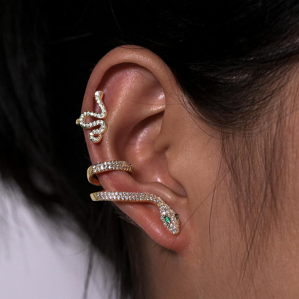 New 2022 , 2pcs set , clip on earrings ear cuffs for women , gold color , snake CA stone, accessories charm earring # NP