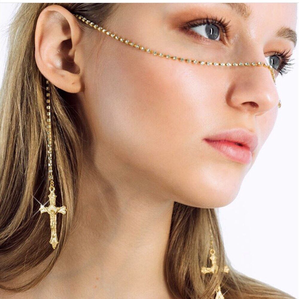 2022 New Design Bling Rhinestone Long Chain Cross Pendant Face , Jewelry for Women , Party Accessories , Crystal One Row Face Chain Jewelry .# NP - Image 5