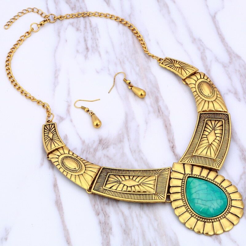 Tibetan Gold Jewelry Set . Choker Necklace Collar Earrings Set . Natural Blue Stone , Beads African Jewelry Sets For Women # NP - Image 2