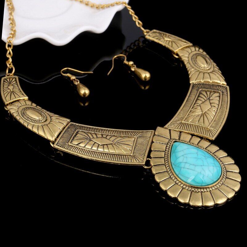 Tibetan Gold Jewelry Set . Choker Necklace Collar Earrings Set . Natural Blue Stone , Beads African Jewelry Sets For Women # NP - Image 3