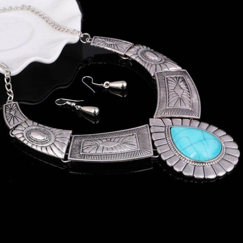 Tibetan Gold Jewelry Set . Choker Necklace Collar Earrings Set . Natural Blue Stone , Beads African Jewelry Sets For Women # NP - Image 5