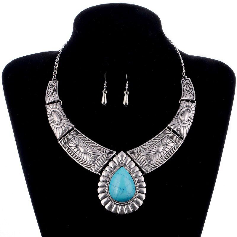 Tibetan Gold Jewelry Set . Choker Necklace Collar Earrings Set . Natural Blue Stone , Beads African Jewelry Sets For Women # NP - Image 6