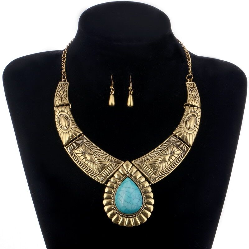 Tibetan Gold Jewelry Set . Choker Necklace Collar Earrings Set . Natural Blue Stone , Beads African Jewelry Sets For Women # NP