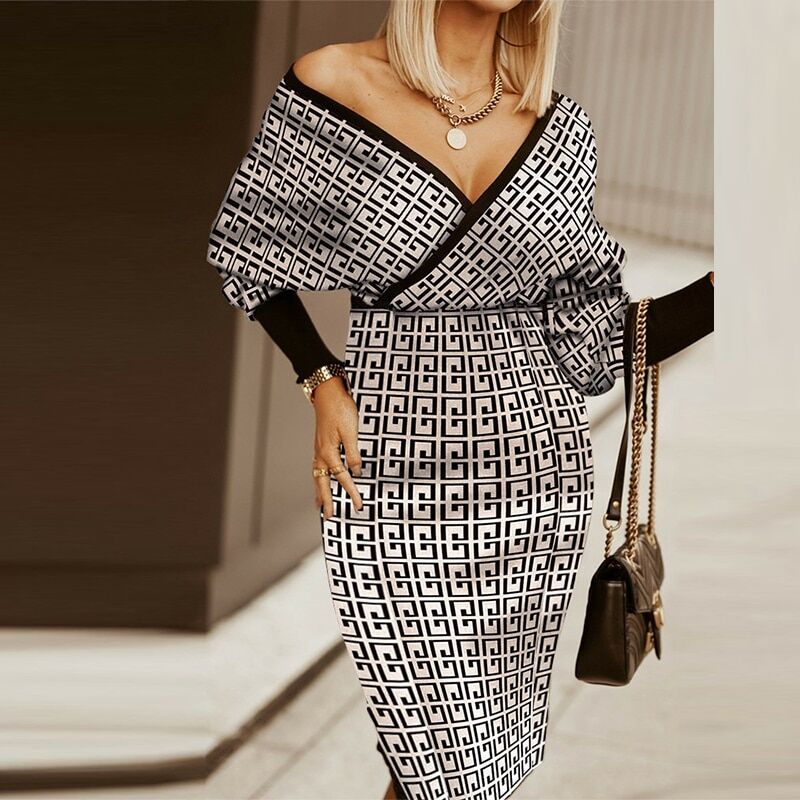 Elegant Women Dress 2022 , Autumn Fashion ,Long-sleeved , Sexy Deep V Neck Slim Party Dresses , Vintage Printed Ladies Dress . # NP - Image 4