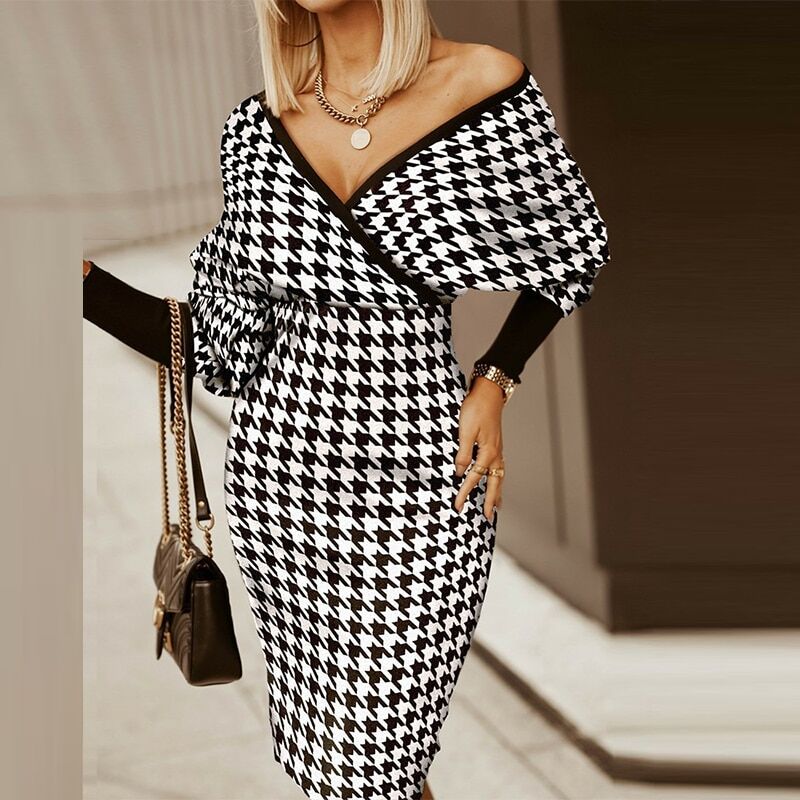 Elegant Women Dress 2022 , Autumn Fashion ,Long-sleeved , Sexy Deep V Neck Slim Party Dresses , Vintage Printed Ladies Dress . # NP - Image 5