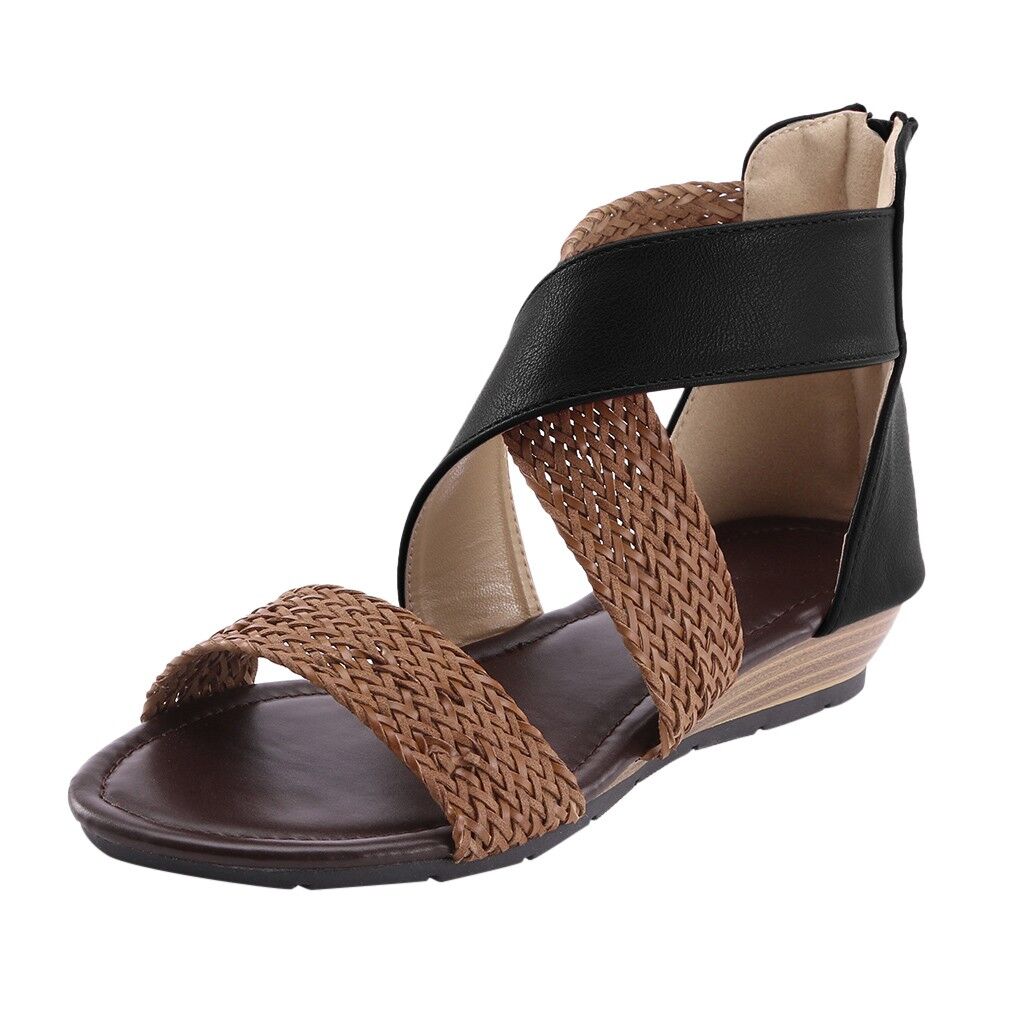 Fashion New Fish Mouth Leather Canvas Women Weave Wedge , Heel Shoes, Zipper Sandals, Casual Beach Sandals , Roman Shoes # NP - Image 5