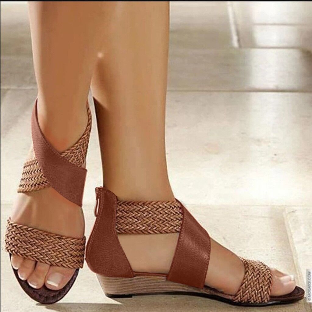 Fashion New Fish Mouth Leather Canvas Women Weave Wedge , Heel Shoes, Zipper Sandals, Casual Beach Sandals , Roman Shoes # NP - Image 6