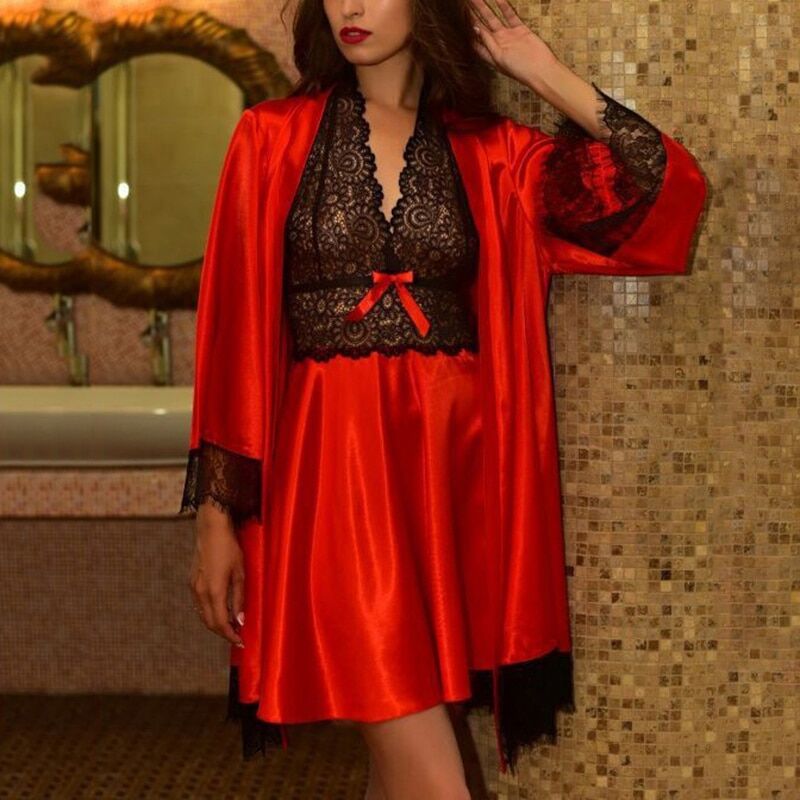 Satin Silk Robe Lace , Backless Mini Dress, Women Sexy Nightgown , Nightdress Suit , Comfortable Summer , Nightwear Two Piece Set # NP