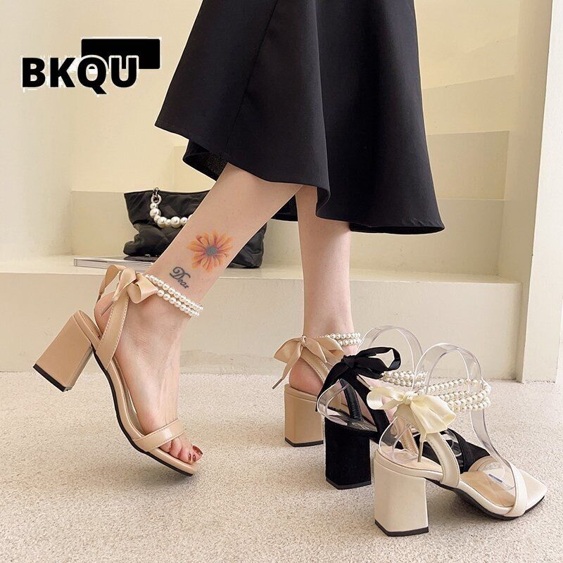 New Sandals Women 2023 Fashion , Open Toed Heels , Women Pearl Lace Up , Women Shoes, Party Wedding , Chunky Heels Pumps Dress # NP - Image 2