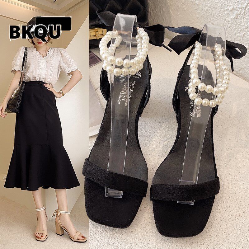 New Sandals Women 2023 Fashion , Open Toed Heels , Women Pearl Lace Up , Women Shoes, Party Wedding , Chunky Heels Pumps Dress # NP - Image 3