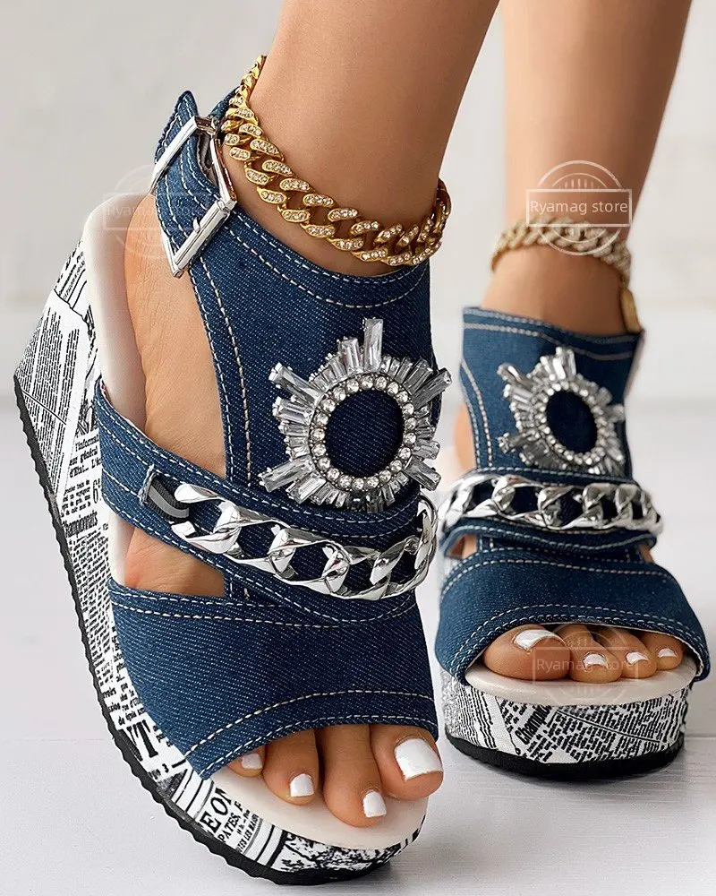 Sandals Women's Newspaper , Rhinestone Gear Pattern Sling back Platform Peep Toe, Wedges Heeled Sandals , Shoes Outdoor Slippers # NP - Image 3