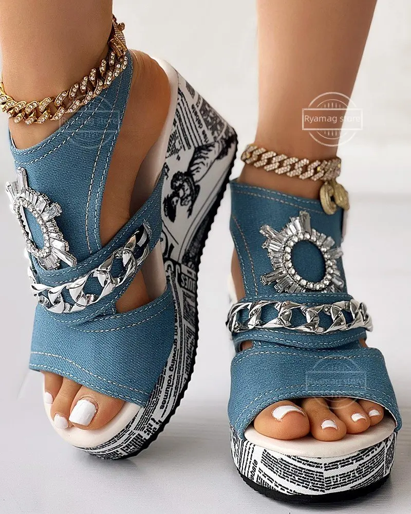 Sandals Women's Newspaper , Rhinestone Gear Pattern Sling back Platform Peep Toe, Wedges Heeled Sandals , Shoes Outdoor Slippers # NP - Image 5