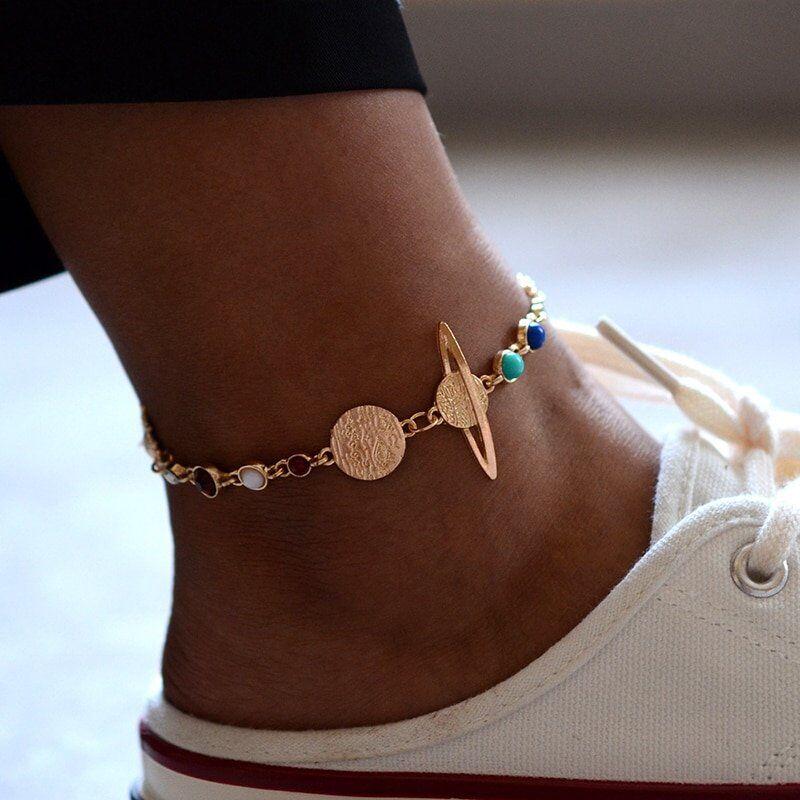 Planet Anklets for Women , Gold Color Stone,  Beads Planet Foot Bracelets,  Summer Beach,  Barefoot Jewelry on leg Ankle Chain.